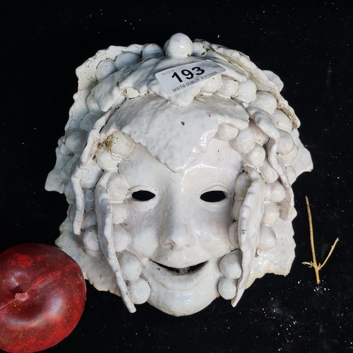 193 - A beautiful vintage Italian Bacchus ceramic over terracotta mask. Hanging string on the back.