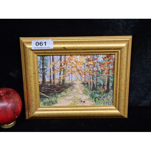 61 - A quaint original oil on board painting titled 'Avondale Woods, Wicklow'. Features an autumnal lands... 