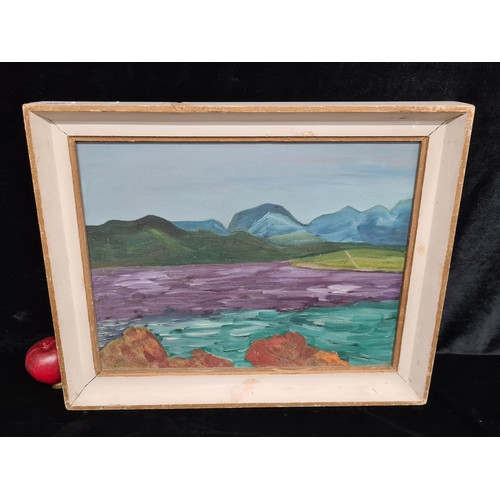 95 - An original oil on canvas painting. Features a landscape scene with the sea, mountains and grassland... 