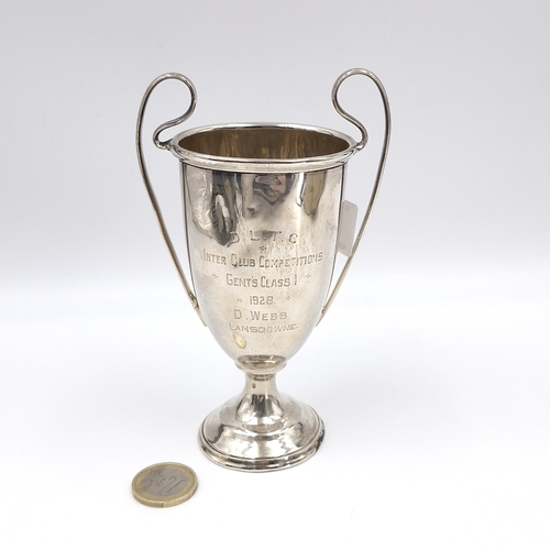 29 - A sterling silver hallmarked Birmingham challenge cup with inscription (Can be removed). Height - 14... 