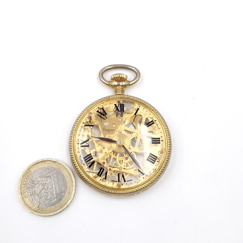 47 - A vintage flamor Swiss made skeleton pocket watch set with jewelled mechanism winding and ticking aw... 