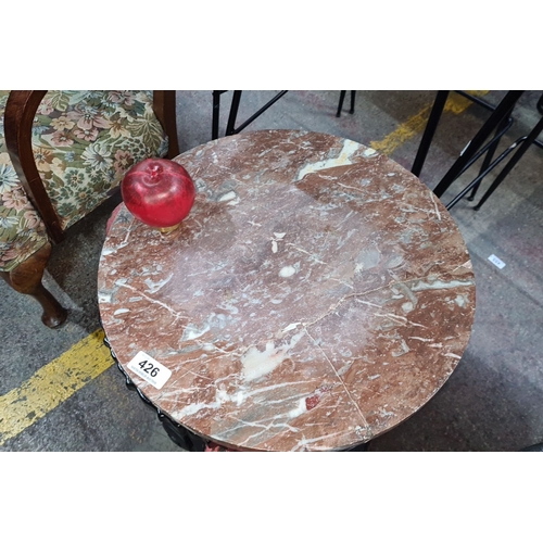 426 - Star Lot : A fabulous Hand-carved elephant pedestal table with colorful accents and marble top. Fabu... 