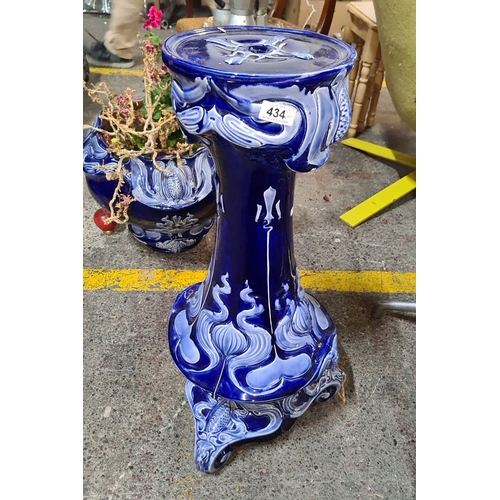 434 - Star Lot : A super large Art Nouveau Cobalt blue ceramic jardinière and pedestal, featuring intricat... 