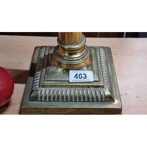 463 - A fab vintage brass Corinthian column table lamp terminating to a solid square base with reeded acce... 