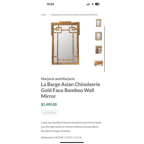 335 - Star Lot: A nice example of a mirror framed in a La Barge Chinoiserie bamboo gilt style frame. MM: 8... 