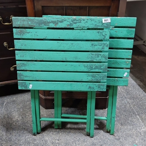 801 - Pair of vintage green folding wooden tables with a weathered finish.