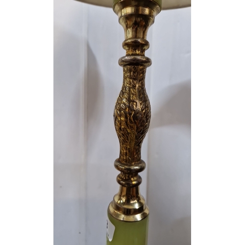 813 - Vintage brass floor lamp with green stone accents and pleated shade. Exquisite detailing adds charm.