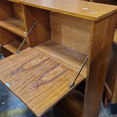 827 - Mid-century modern teak veneer bookcase with drop-down desk. Lovely functional piece of furniture.