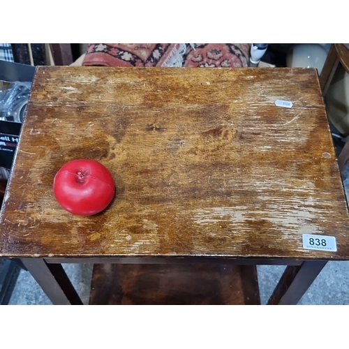 838 - Rustic wooden side table, featuring a vintage patina. From the fabulous Clifton House in Dalkey.