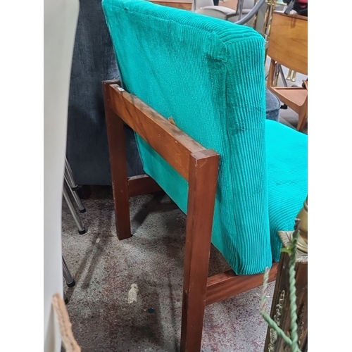 1000 - Mid-century modern teak slipper chair, teal corduroy upholstery, wooden frame. Dimensions approximat... 