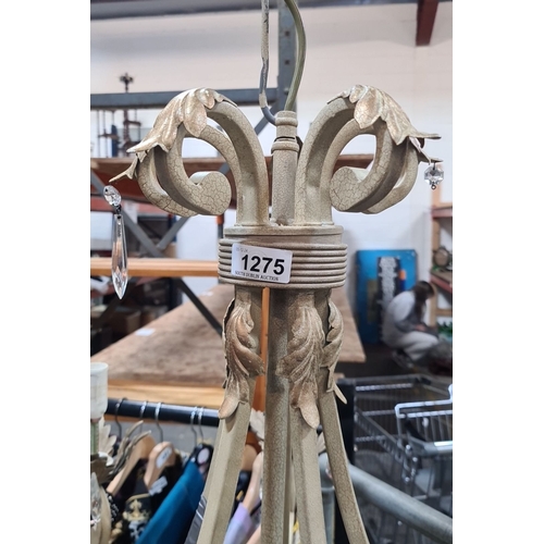 1113 - Star Lot : Antique-style 5 branch cream chandelier features decorative scrollwork and crystal accent... 