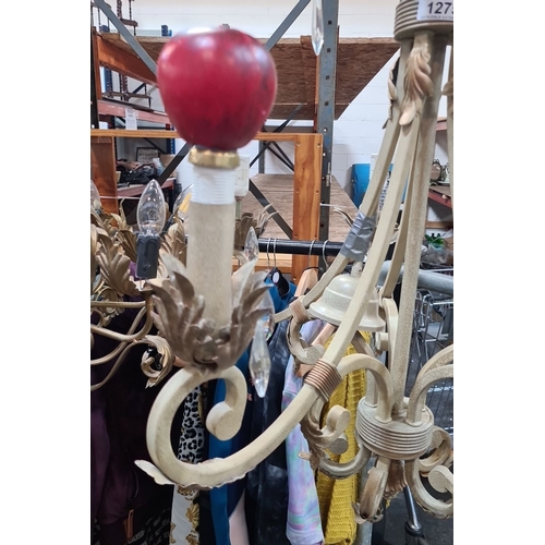 1113 - Star Lot : Antique-style 5 branch cream chandelier features decorative scrollwork and crystal accent... 