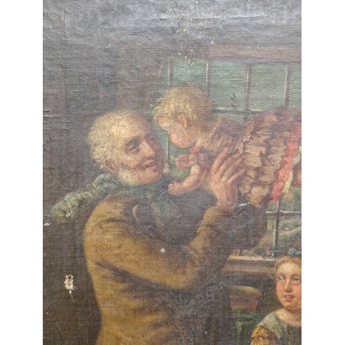 108 - Star Lot: An antique original 19th century oil on canvas painting titled 'The Welcome Visit'. Featur... 