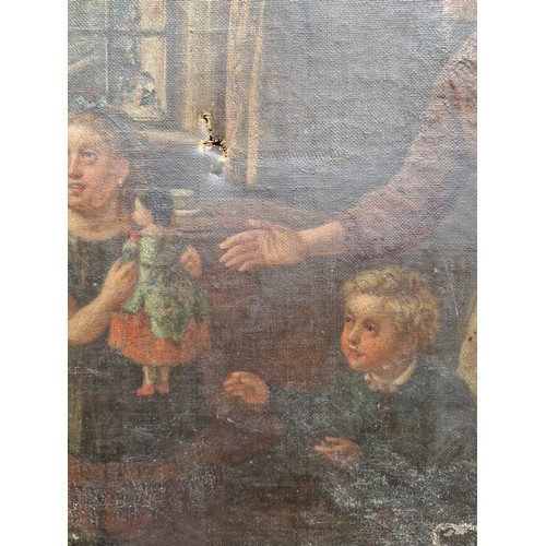 108 - Star Lot: An antique original 19th century oil on canvas painting titled 'The Welcome Visit'. Featur... 