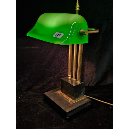 145 - Star Lot : The best bankers lamp we have seen, vintage brass three column and black marble bankers d... 