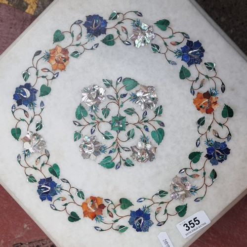 355 - A very pretty hand crafted marble topped side table with Mother of pearl, floral design. Sat on a ca... 