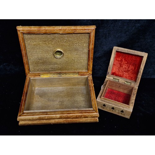 237 - Two lovely jewellery boxes. Includes a wooden box with red baize lining to interior. Features geomet... 