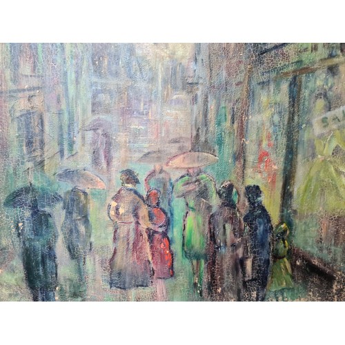 675 - A lovely original oil on board painting. Features a rainy day street scene rendered in a vibrant col... 