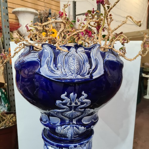 434 - Star Lot : A super large Art Nouveau Cobalt blue ceramic jardinière and pedestal, featuring intricat... 