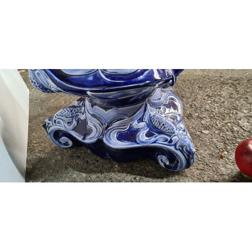 434 - Star Lot : A super large Art Nouveau Cobalt blue ceramic jardinière and pedestal, featuring intricat... 