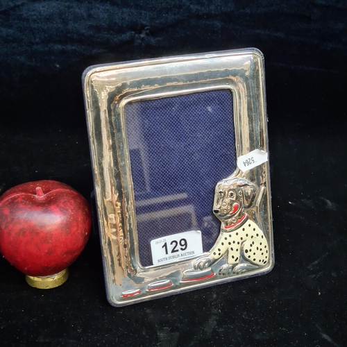 129 - A sterling silver photo frame with enameled Dalmatian dog. Stamped 925.