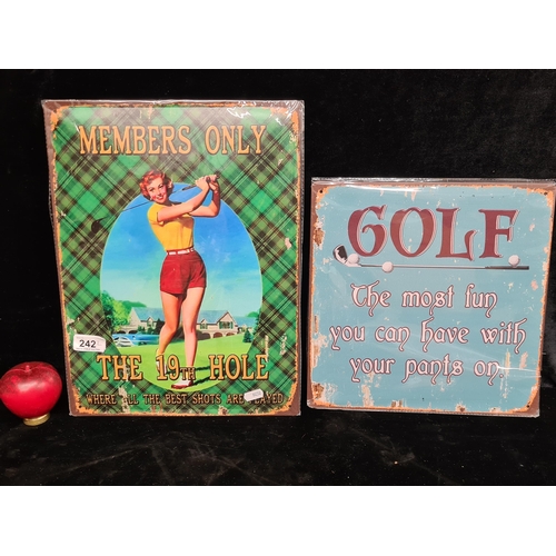 242 - Two humorous golf themed metal wall signs. Brand new from a top uk interior design company.