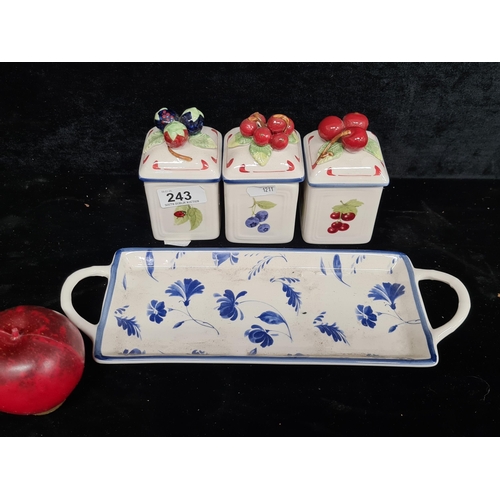 243 - A trio of very pretty Villeroy & Boch kitchen canisters along with a serving tray from the Cottage C... 