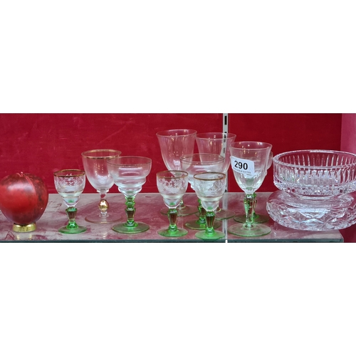 290 - A lot of vintage green stemmed glasses along with a pretty Waterford Crystal wine coaster.

Note: Du... 