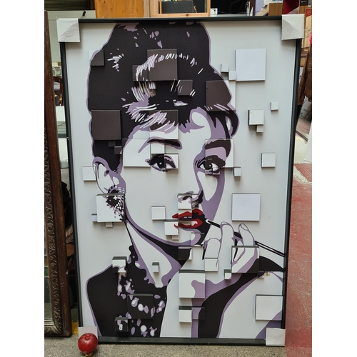 316 - A very large 3D block relief print on canvas board featuring Audrey Hepburn, the Iconic British Actr... 