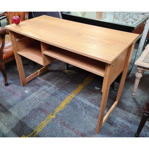 351 - A well made oak computer desk with two nicely sized under shelving units.