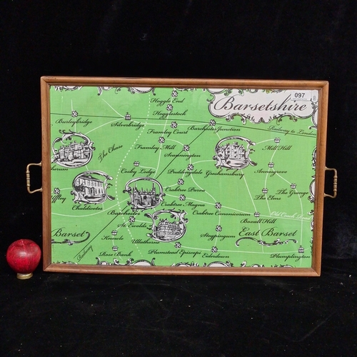 97 - A tray featuring a print of Barsetshire map on fabric behind glass.