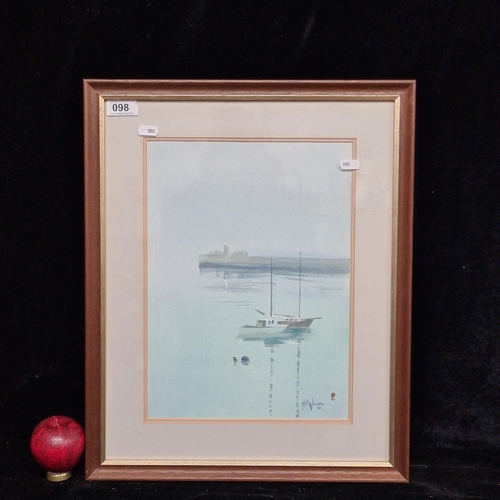 98 - An original 'MMcWilliams' watercolour on paper painting. Features a foggy harborside scene with a pa... 