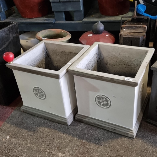 934 - Two high quality strong, heavy  reconstituted stone plants pots in cream with grey trim.
MM: 44cm x ... 