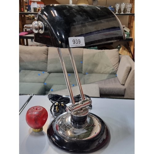 939 - Star Lot : A stunning large chrome Bankers table lamp with black marble base with inscription readin... 