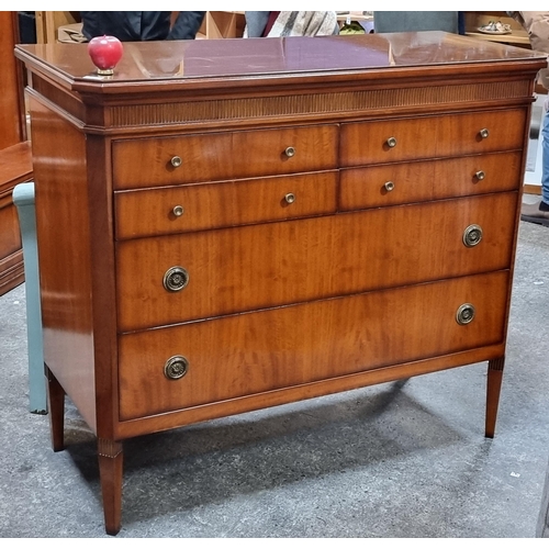 948 - Star Lot : A wonderful 6 drawer red Mahogany chest . Features tapered legs and six drawers  with bra... 