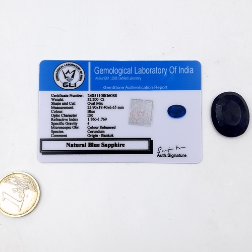 911 - A large oval mix cut natural blue sapphire gemstone. Weight: 32.300 Ct.  Includes certificate of aut... 