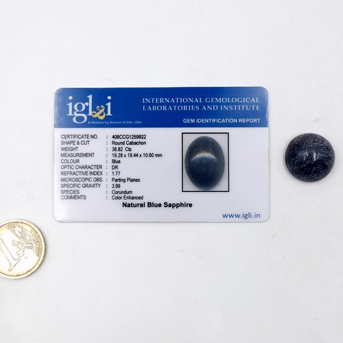 912 - A super large round cabochon cut natural blue sapphire gemstone. Weight: 38.82 Cts. Comes with certi... 