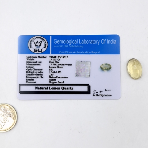 915 - An oval mix cut natural lemon quartz. Weight: 13.100 Ct. . Includes certificate of authenticity.