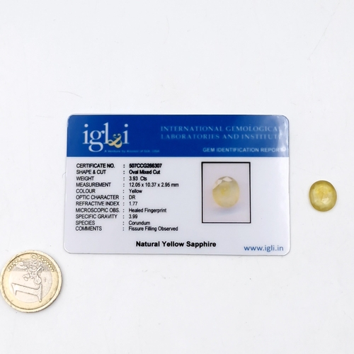 920 - An oval mixed cut natural yellow sapphire. Weight: 3.93 Cts. Comes with certificate of authenticity.... 