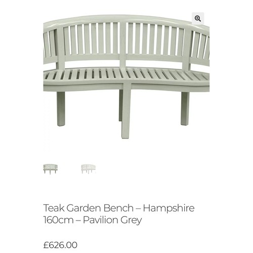 953 - A lovely wooden Three seater curved teak Hampshire  garden Bench. In pavilion Grey. 160cm £626 new (... 