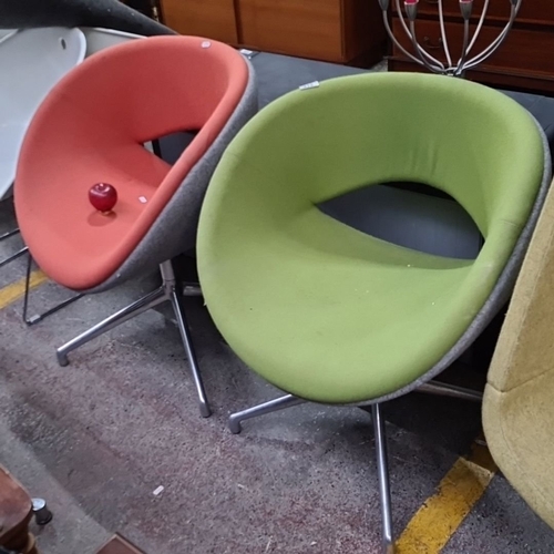 987 - Star Lot : A fabulous pair of  Boss design Retro swivel happy chairs, vibrant upholstery, sleek chro... 