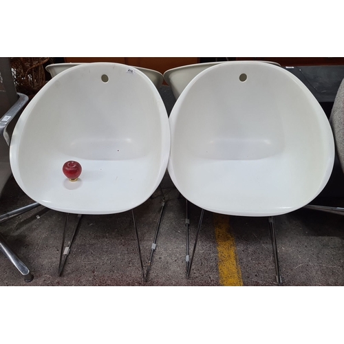 988 - Star Lot : Pair of Pedrali 921 Gliss modern white molded chairs with sleek chrome legs, made in Ital... 