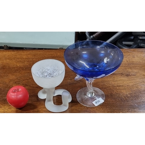 998 - Etched art studio glass goblet and vibrant blue decorative bowl featuring a mix of frosted and clear... 