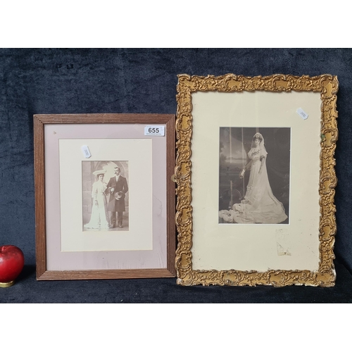 1015 - Two photographs. Features a portrait of a couple. In a sepia tone. Housed in a wooden frame. Along w... 