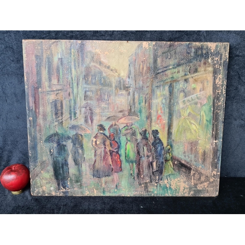 1025 - A lovely original oil on board painting. Features a rainy day street scene rendered in a vibrant col... 