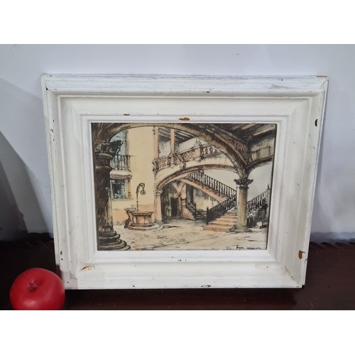 1051 - A print after an original Bob Denneboom watercolour and charcoal drawing. Housed in a white wooden f... 