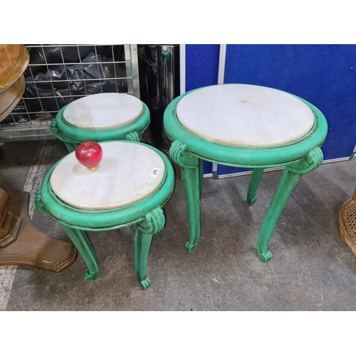 1068 - Star lot : Three lovely graduating marble topped tables in a green painted finish.
Previous in aucti... 