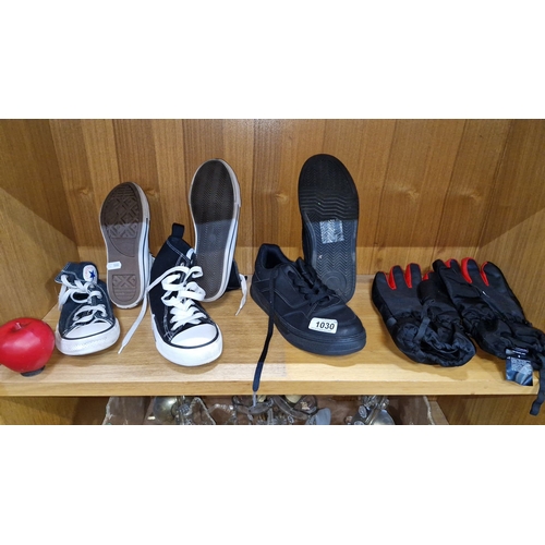 1088 - Three pairs of black shoes, one black and white with Converse logo, size US 1.5; one pair of red and... 