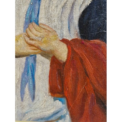 75 - Star Lot : A lovely original Irish School oil on board painting titled  'The New Hat'. Features a po... 