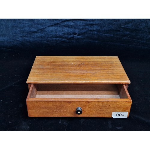 108 - A vintage wooden desk top stationary / storage box, with an ebony drawer pull.